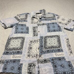 PacSun Men's Blue & White Bandana Patchwork Button-Up Shirt